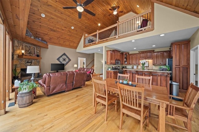 dining room featuring high vaulted ceiling, wooden ceiling, recessed lighting, a ceiling fan, and light wood finished floors