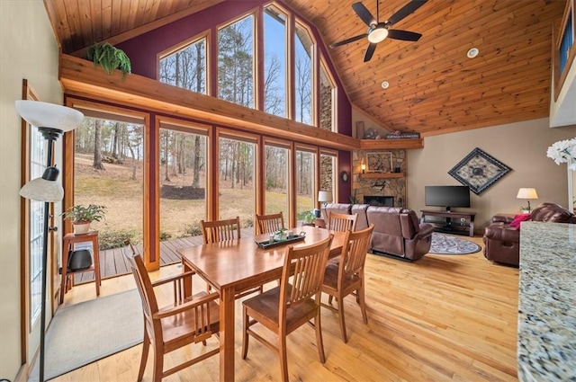 dining room with a ceiling fan, wood ceiling, light wood-style floors, a fireplace, and high vaulted ceiling