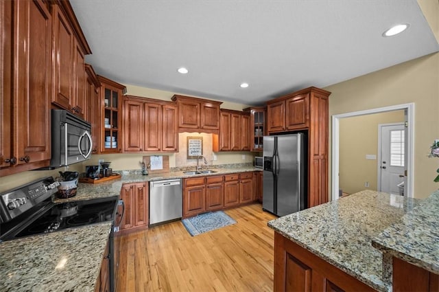 kitchen featuring appliances with stainless steel finishes, a sink, glass insert cabinets, and light wood-style floors