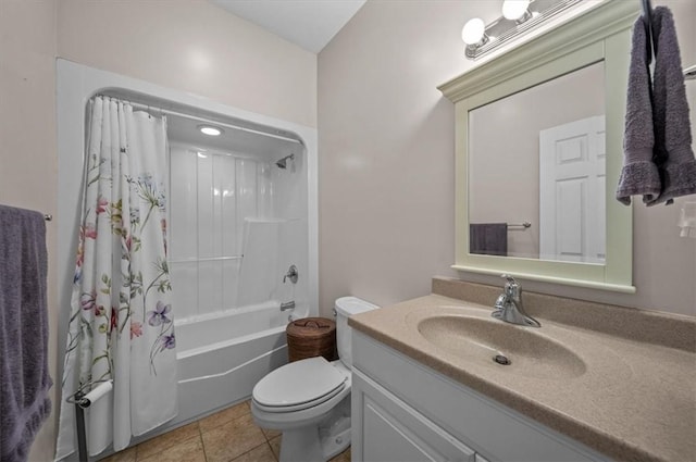 full bath featuring shower / bathtub combination with curtain, vanity, toilet, and tile patterned floors