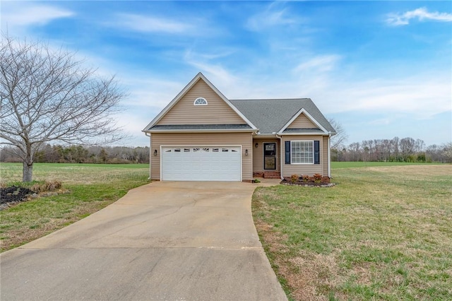 view of front of home featuring concrete driveway, a garage, and a front lawn