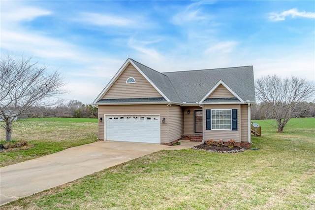 view of front of house featuring concrete driveway, an attached garage, a front lawn, and a shingled roof