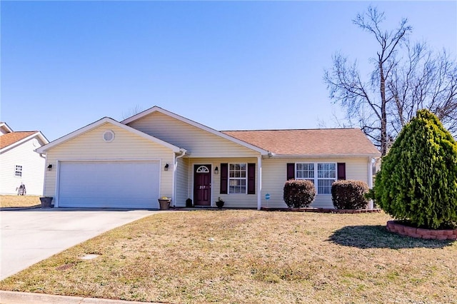 single story home featuring a front yard, an attached garage, and driveway