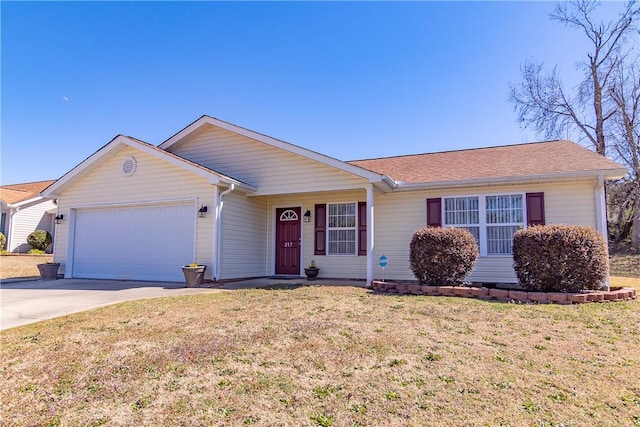 single story home featuring concrete driveway, a garage, and a front yard