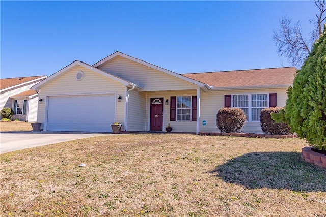 ranch-style house with an attached garage, concrete driveway, and a front yard