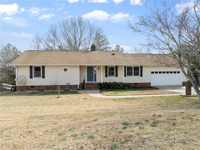 ranch-style home with a front yard, a chimney, driveway, crawl space, and an attached garage