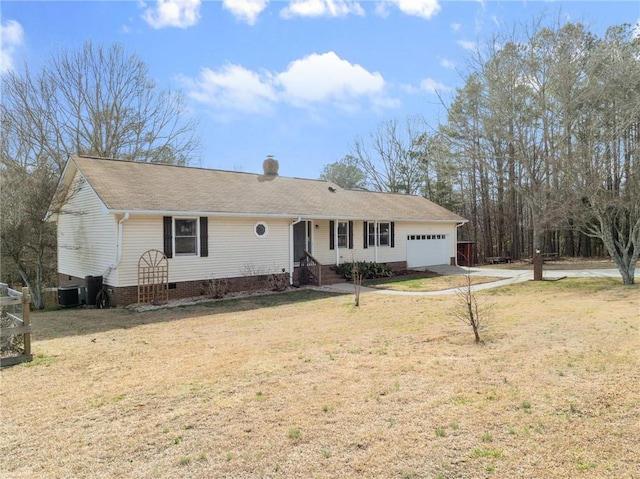 ranch-style home with a garage, central AC unit, a chimney, and a front lawn