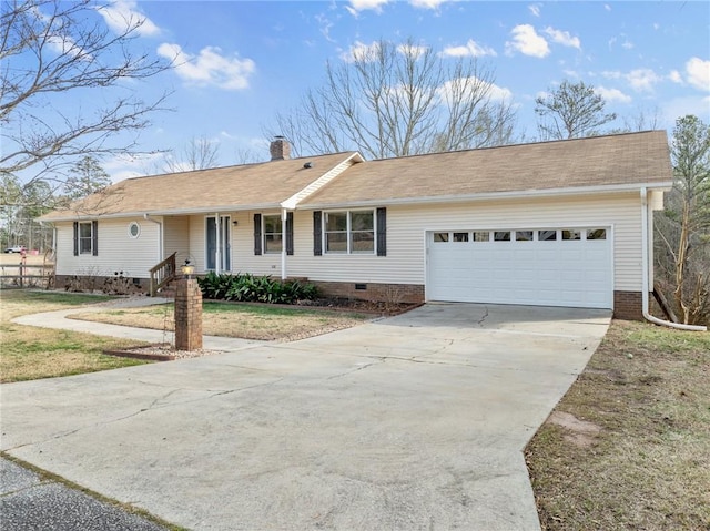 ranch-style home featuring concrete driveway, roof with shingles, a chimney, crawl space, and an attached garage