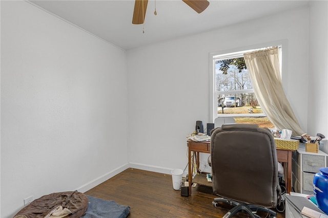 office area with ceiling fan, baseboards, and wood finished floors