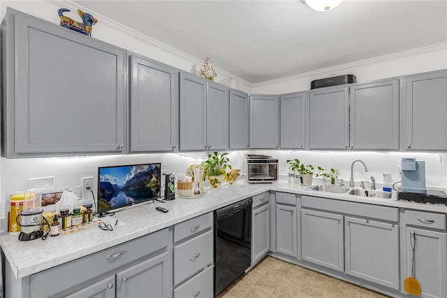 kitchen with ornamental molding, gray cabinetry, dishwasher, and a sink