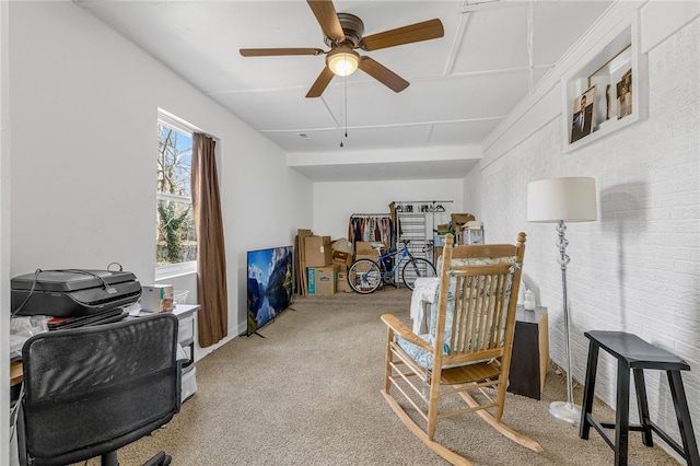 interior space with ceiling fan and carpet floors