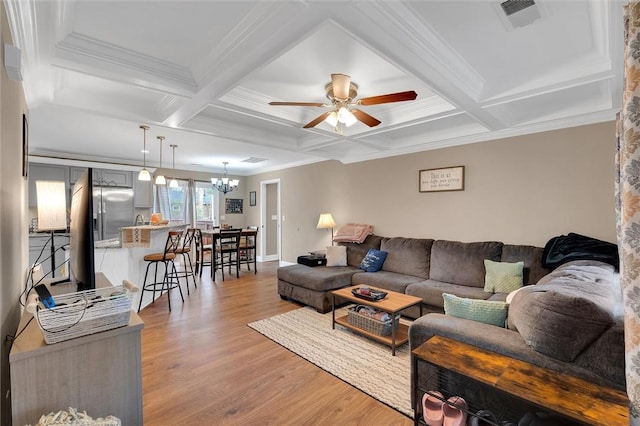 living room featuring light wood-type flooring, coffered ceiling, visible vents, and beamed ceiling