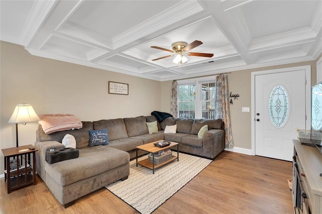 living area with beam ceiling, light wood-style flooring, and coffered ceiling