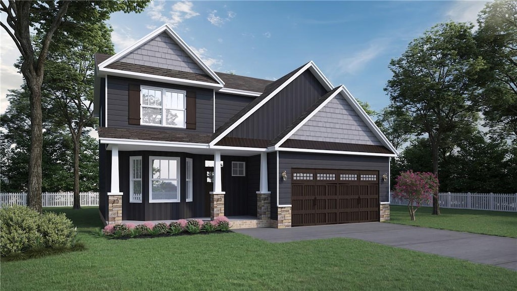 craftsman-style house with stone siding, a front yard, and fence