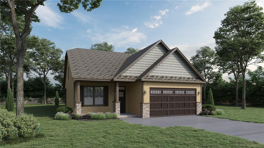 craftsman-style house with a garage, stone siding, concrete driveway, and a front yard