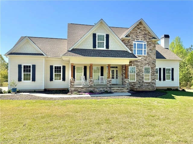 106 Johnathon Ln, Easley, SC 29640 - craftsman-style home featuring a front yard, a shingled roof, a porch, stone siding, and a chimney