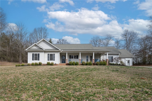 single story home featuring an attached garage, covered porch, and a front lawn