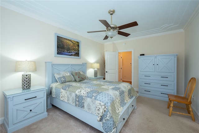 bedroom featuring ceiling fan, light colored carpet, baseboards, and ornamental molding