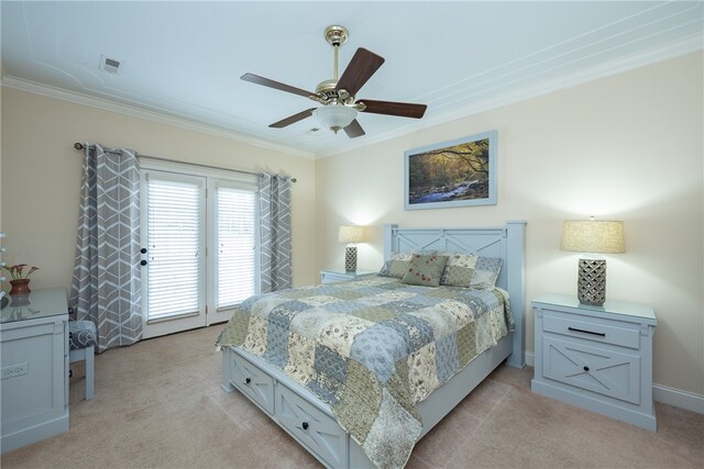 bedroom with access to exterior, light colored carpet, and crown molding