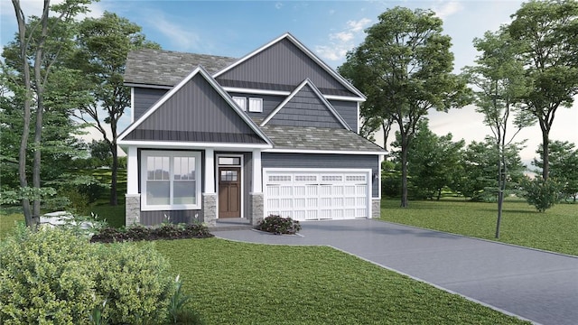 craftsman-style home featuring driveway, stone siding, a front yard, a shingled roof, and a garage