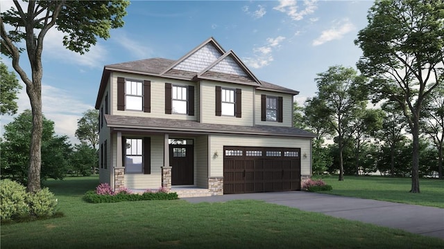 craftsman-style home featuring driveway, a front lawn, stone siding, a porch, and an attached garage