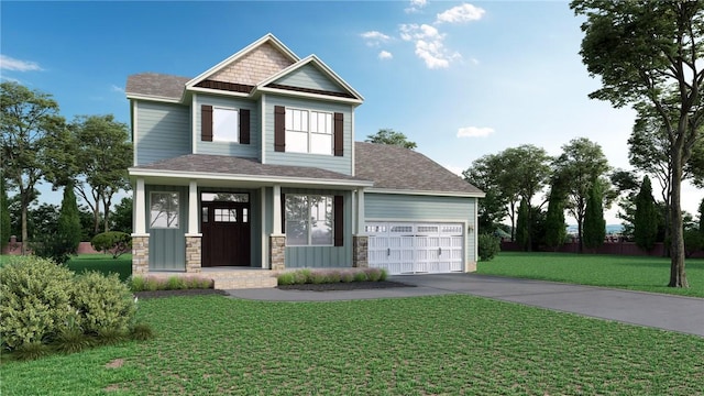 craftsman house featuring roof with shingles, a front lawn, concrete driveway, a garage, and stone siding