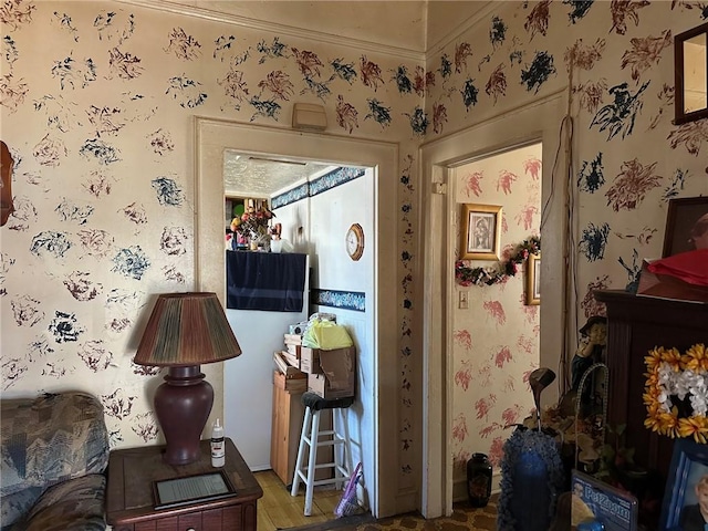 interior space with wallpapered walls