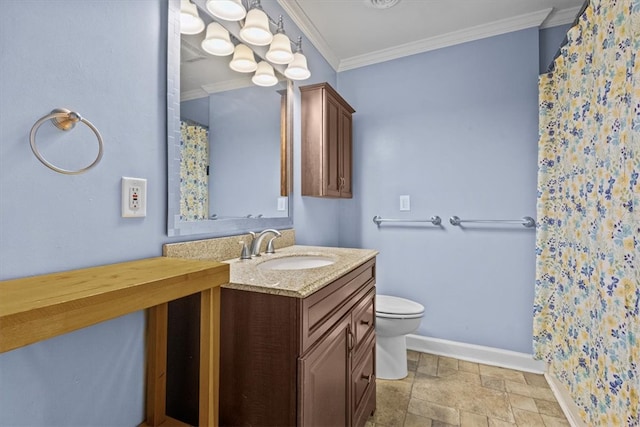 full bathroom with crown molding, baseboards, toilet, stone finish floor, and vanity