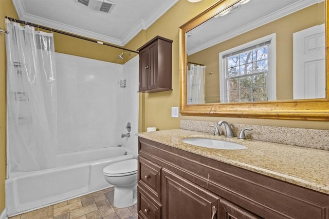 full bathroom with stone finish flooring, toilet, ornamental molding, vanity, and shower / bathtub combination with curtain