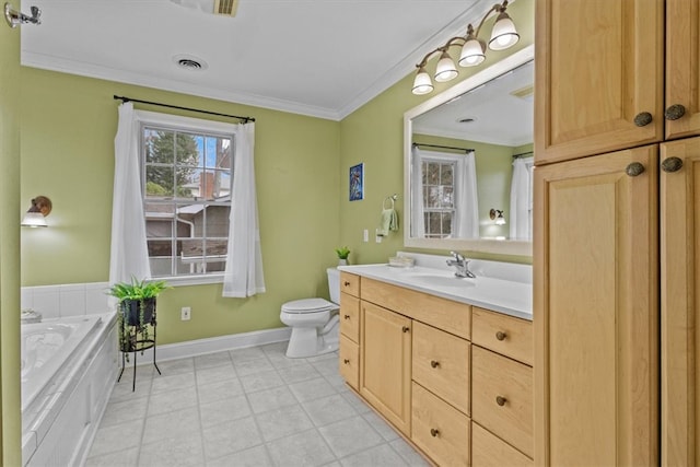 full bathroom with visible vents, toilet, crown molding, a bath, and vanity