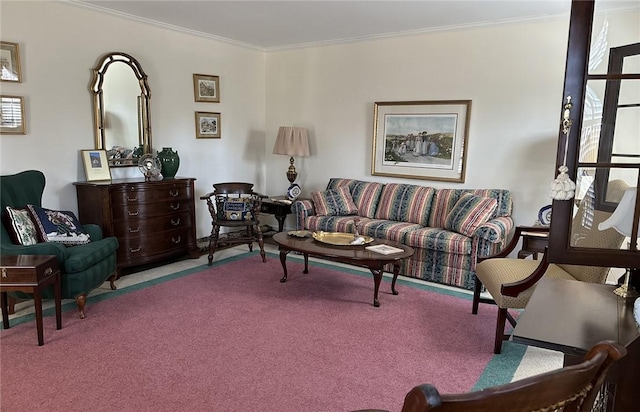 living area with carpet floors and ornamental molding