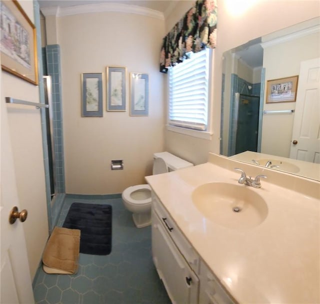 full bathroom featuring vanity, baseboards, ornamental molding, a shower stall, and toilet