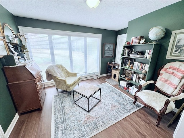 living room with wood finished floors, baseboards, and a textured ceiling