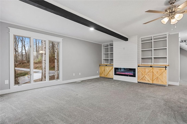 unfurnished living room featuring baseboards, a fireplace, ceiling fan, beamed ceiling, and carpet flooring