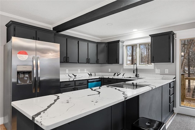 kitchen with dark cabinetry, stovetop, stainless steel fridge, a peninsula, and dishwasher