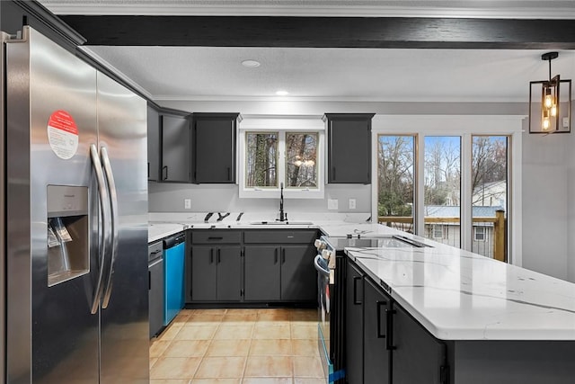 kitchen featuring light stone countertops, a peninsula, a sink, ornamental molding, and stainless steel appliances