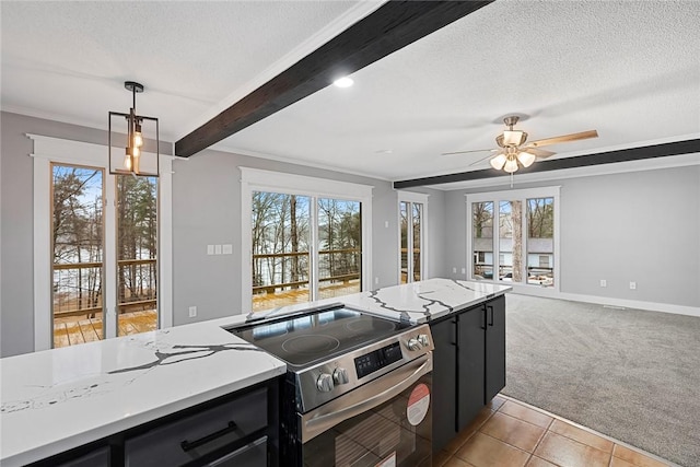 kitchen with light carpet, stainless steel electric stove, dark cabinetry, and a textured ceiling