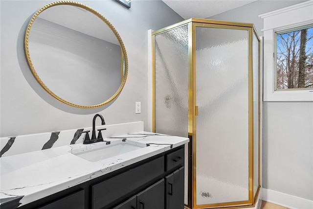 full bathroom with vanity and a shower stall