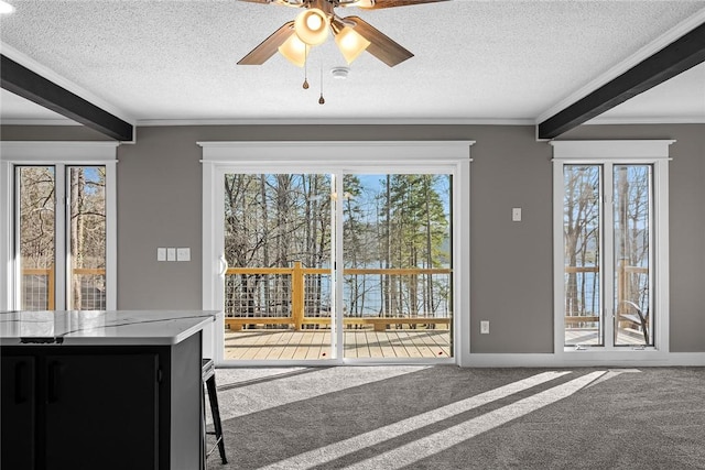 entryway with plenty of natural light, carpet, and crown molding