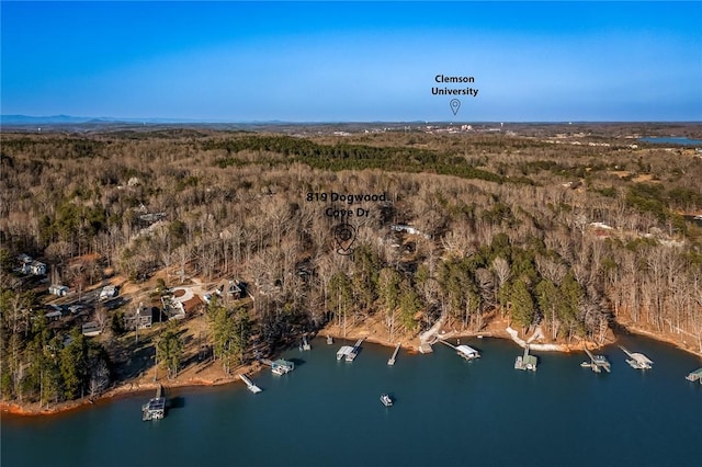 aerial view featuring a forest view and a water view