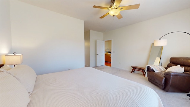 bedroom featuring light carpet and ceiling fan