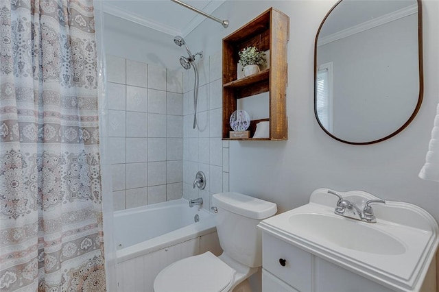 full bath featuring vanity, toilet, shower / bath combo, and ornamental molding