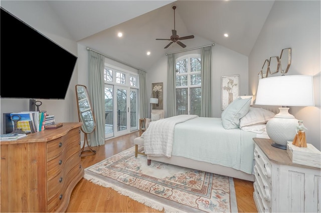 bedroom featuring recessed lighting, lofted ceiling, light wood-style floors, and ceiling fan