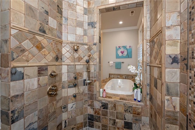 bathroom with visible vents, tiled shower, ornamental molding, and a bath