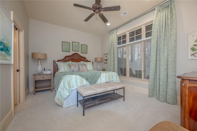 bedroom featuring visible vents, baseboards, carpet floors, recessed lighting, and a ceiling fan