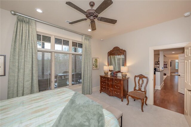 bedroom with recessed lighting, visible vents, baseboards, and a ceiling fan