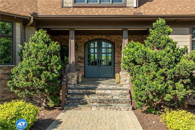 104 Sweetshrub Way, Sunset, SC 29685 - doorway to property featuring a shingled roof, a porch, and french doors