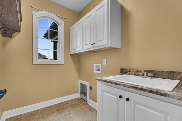 114 Royal Troon, Campobello, SC 29322 - laundry area with baseboards, hookup for an electric dryer, cabinet space, a sink, and washer hookup