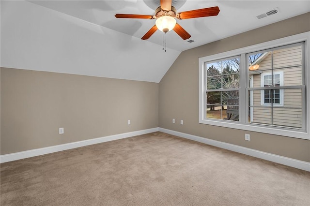 114 Royal Troon, Campobello, SC 29322 - additional living space with visible vents, carpet, baseboards, vaulted ceiling, and a ceiling fan