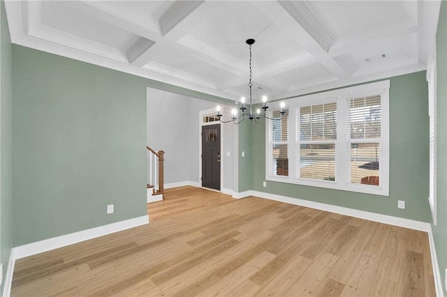 unfurnished dining area featuring stairway, baseboards, coffered ceiling, and light wood-type flooring